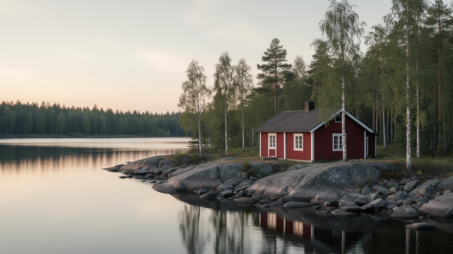 Finnish lakeside cottage at golden hour